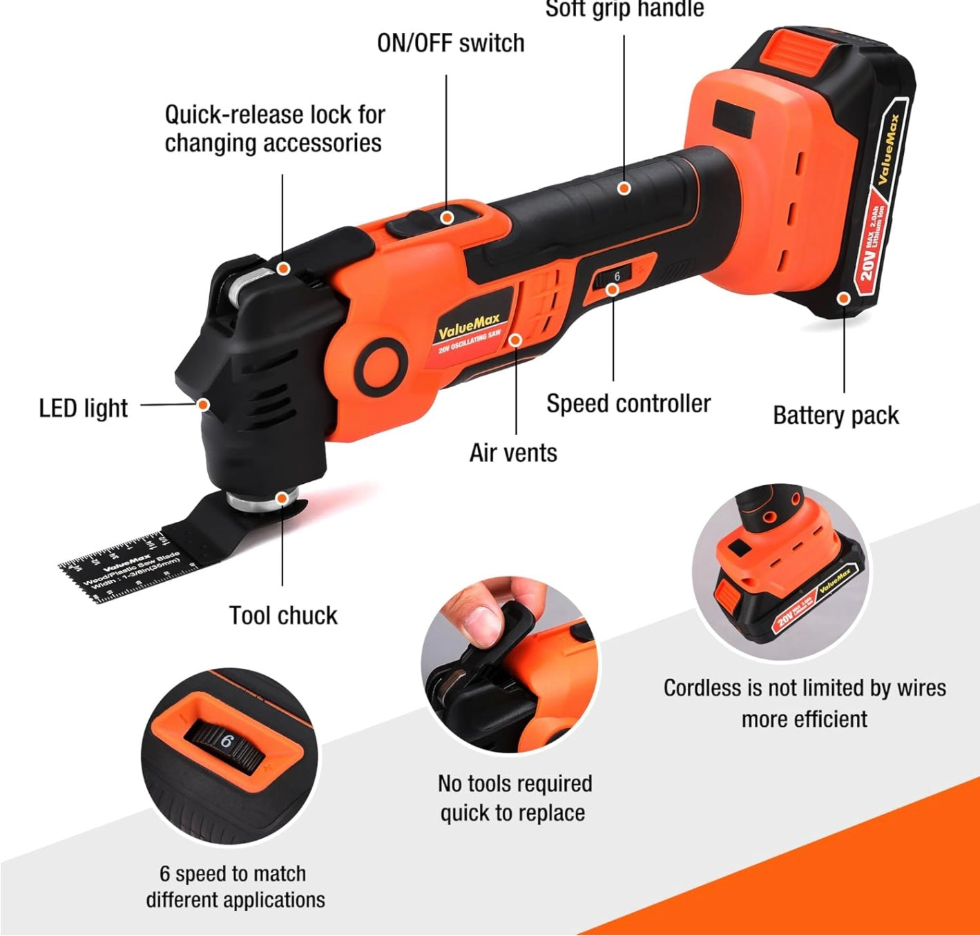 ValueMax 16PC 20V Cordless Oscillating Tool Set w/ Battery, 3.6°Oscillation Angle, 6 Variable Speed, Blades, Carrying Bag