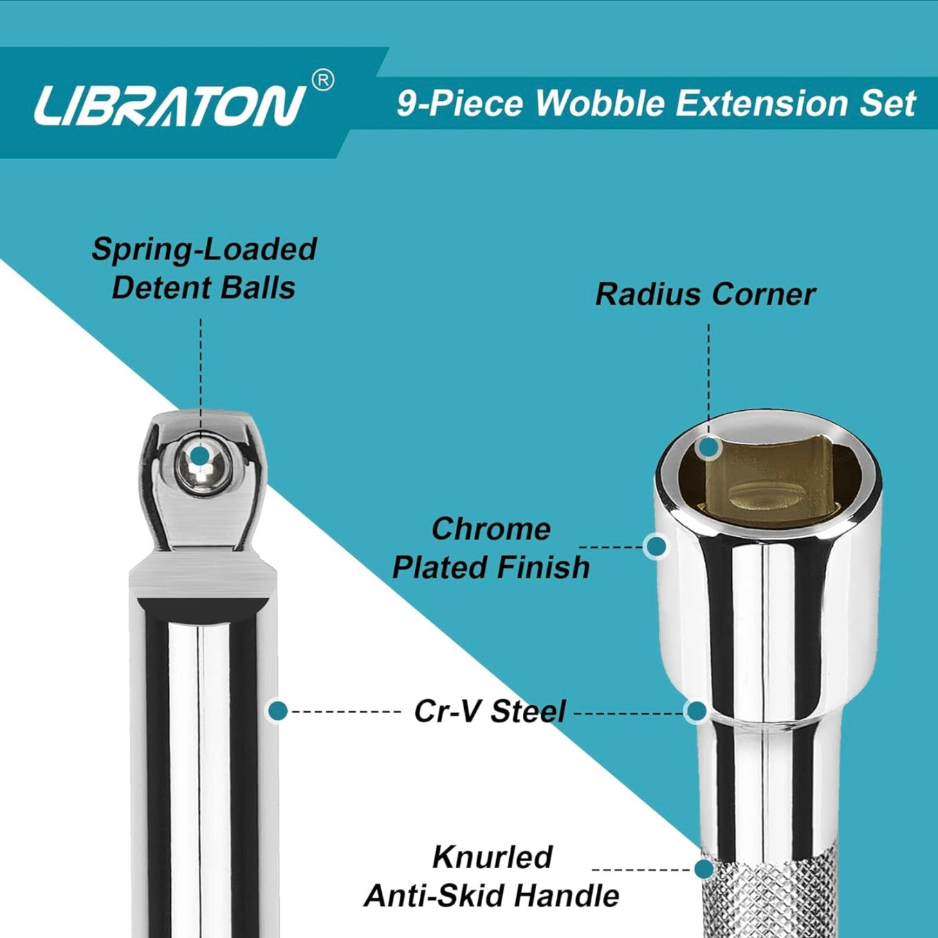 LIBRATON 9PC Wobble Extension Set w/ EVA Storage Tray - 1/4'', 3/8'', 1/2''
