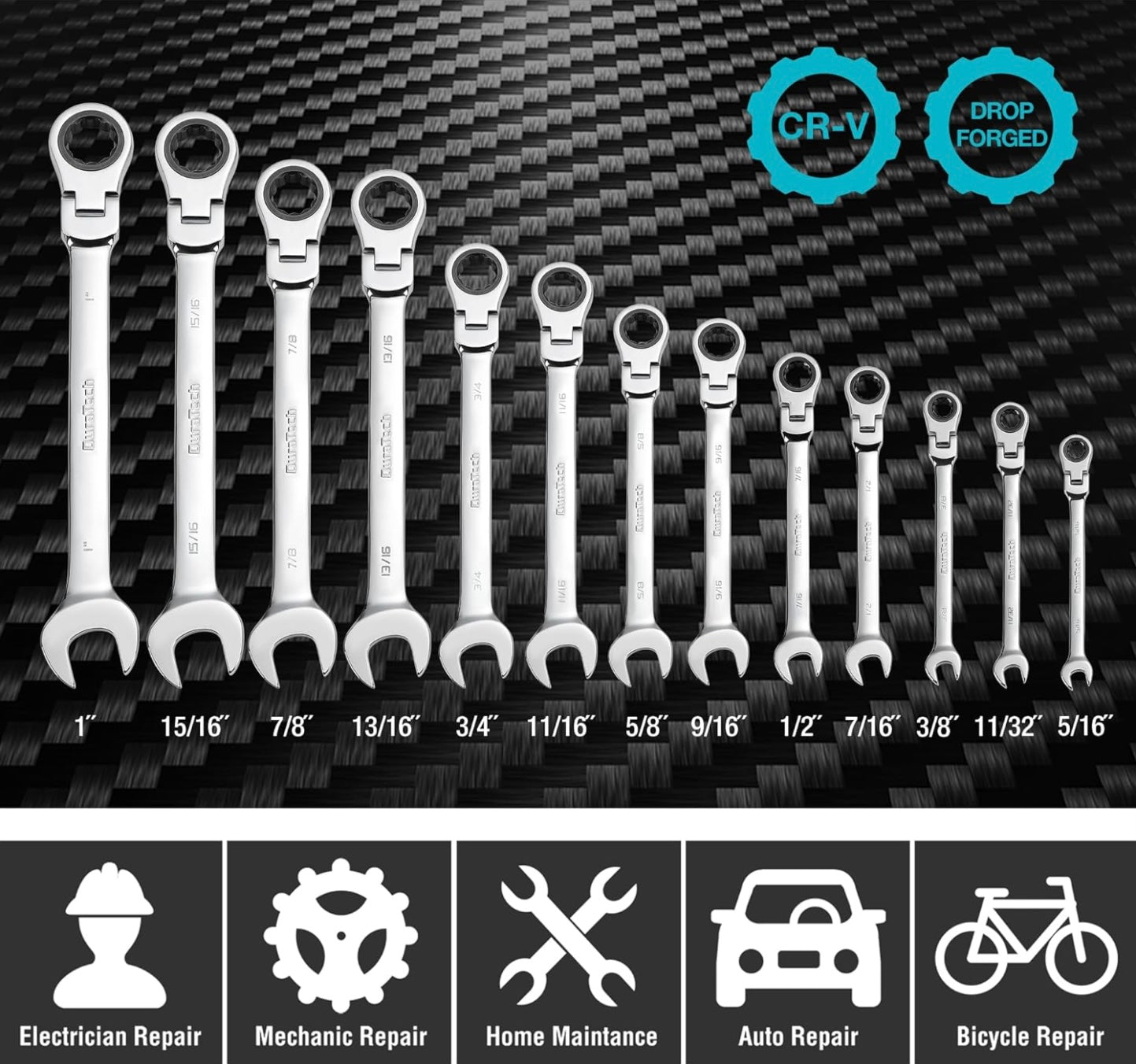 DURATECH 13PC Flex-Head Ratcheting Combination Wrench Set, SAE, 5/16'' to 1'', w/ Rolling Pouch