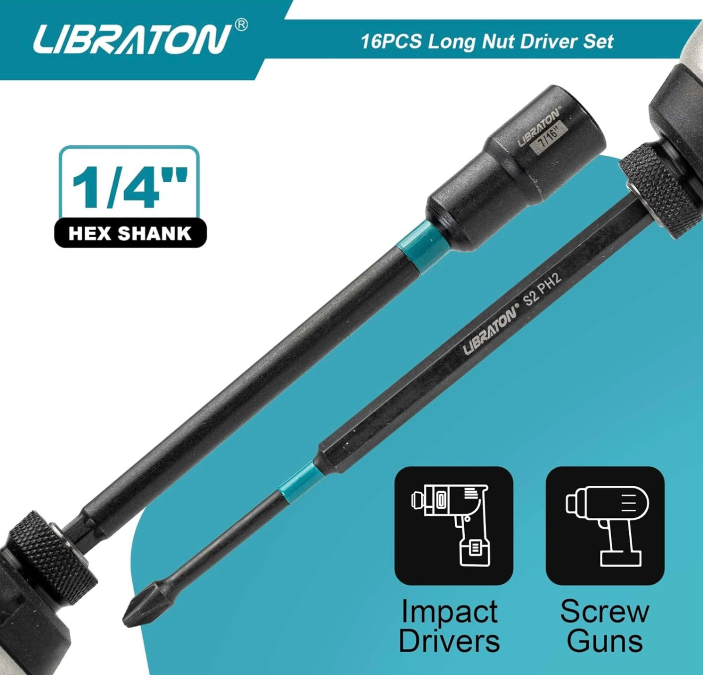 Libraton 16PCS Long Magnetic Nut Driver Set - Metric & SAE w/ Storage Bag + PH1, PH2 Bits