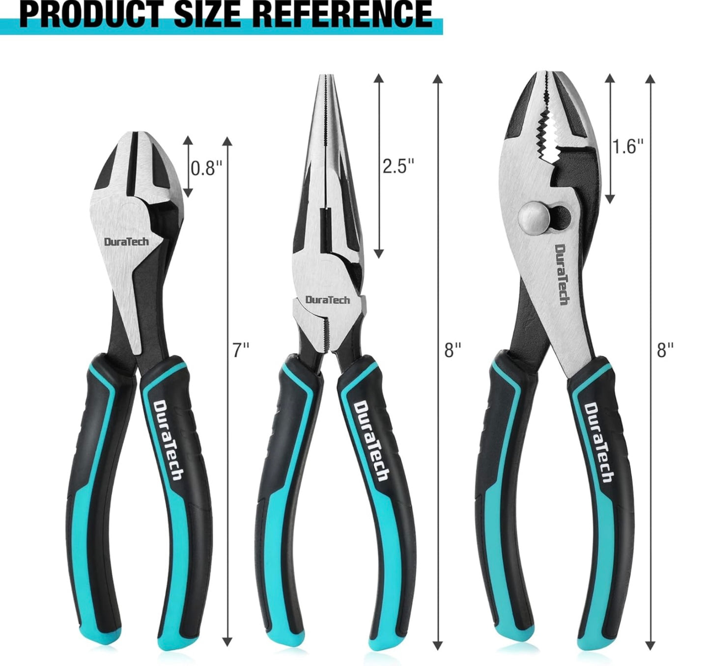 DURATECH 3PC Plier Set, Includes 8” Needle Nose Pliers, 8” Slip Joint Pliers and 7” Diagonal Pliers
