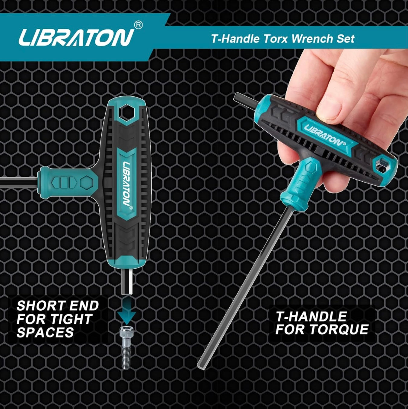 LIBRATON 7PC T Handle Wrench Set - Torx T10, T15, T20, T24, T27, T30, T40, Two-tip Design, w/ Storage Box