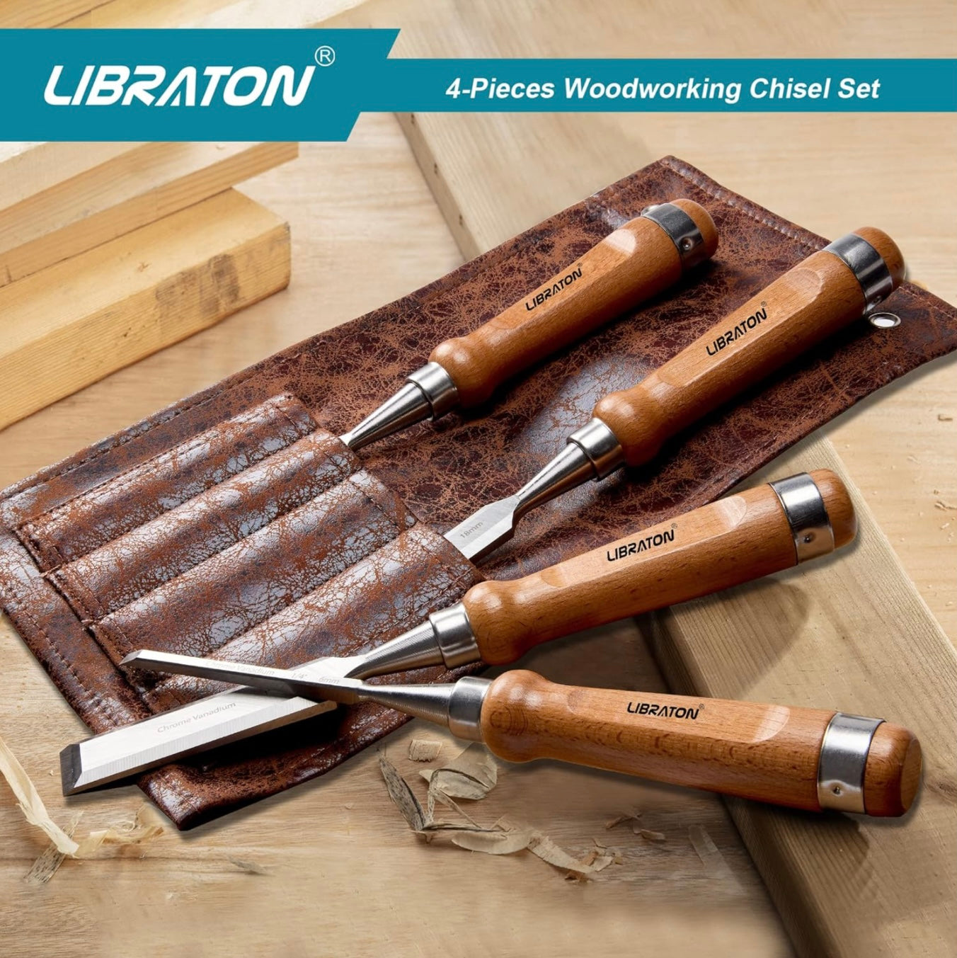 Libraton 4PC Woodworking Chisel Set w/ Leather Pouch