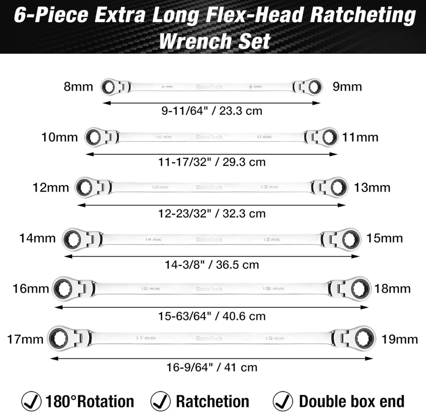 DURATECH 6PC Extra Long Flex-Head Double Box End Ratcheting Wrench Set, Metric 8-19 mm, w/ Roll-Up Pouch