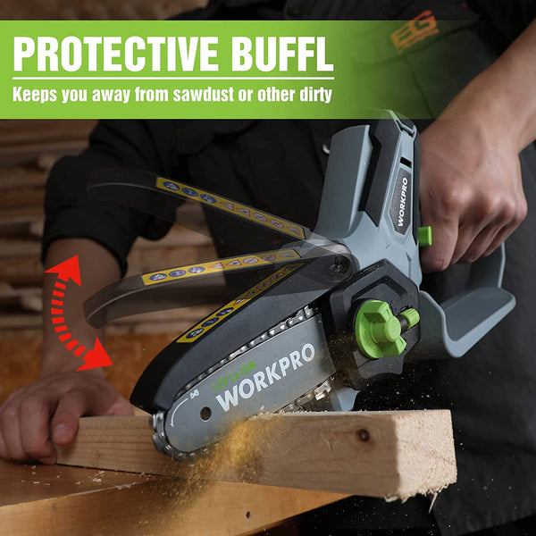 WORKPRO 6.3“ Cordless Electric Compact Chain Saw w/ 2 Batteries, Replacement Guide Bar, & Chain