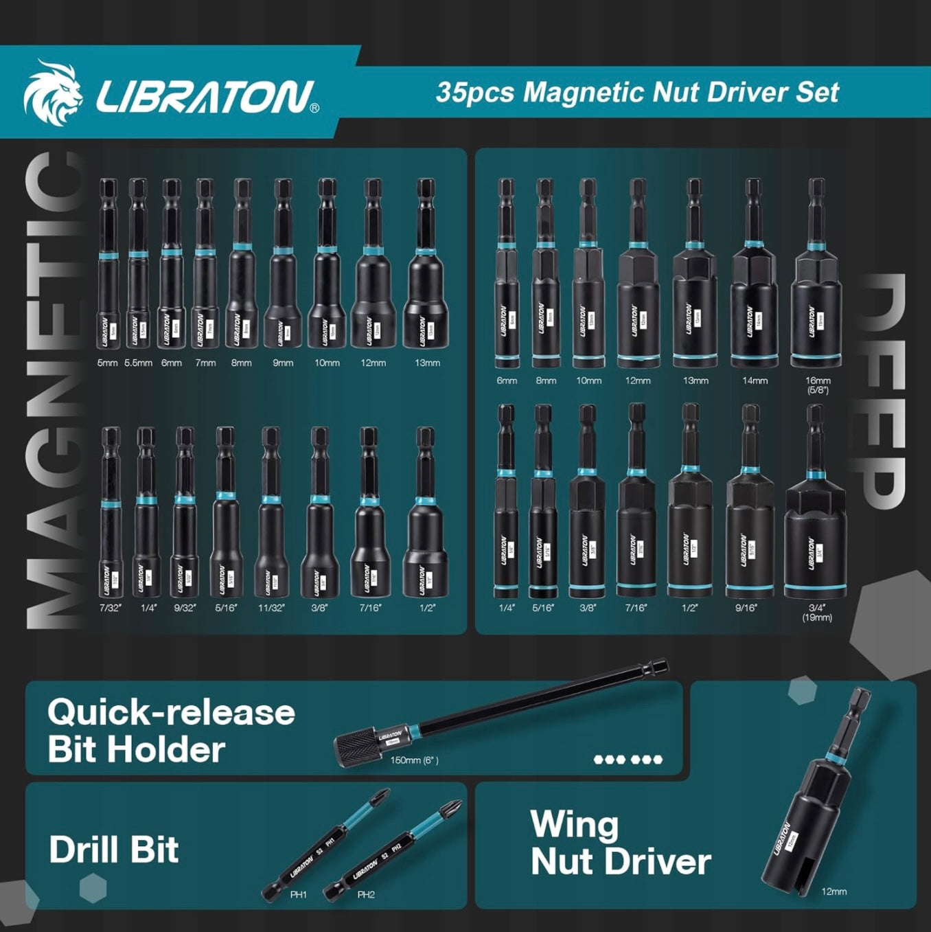LIBRATON 35Pc Magnetic Nut Driver Set- Metric & SAE w/ Wing Nut Driver, Bit Holder, Drill Bit PH1 & PH2, Toolbox