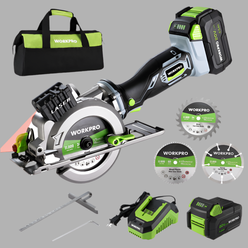 WORKPRO 4-1/2" Compact Cordless Circular Saw, 20V 4.0Ah Battery, Fast Charger, 3 Saw Blades (NO LASER)