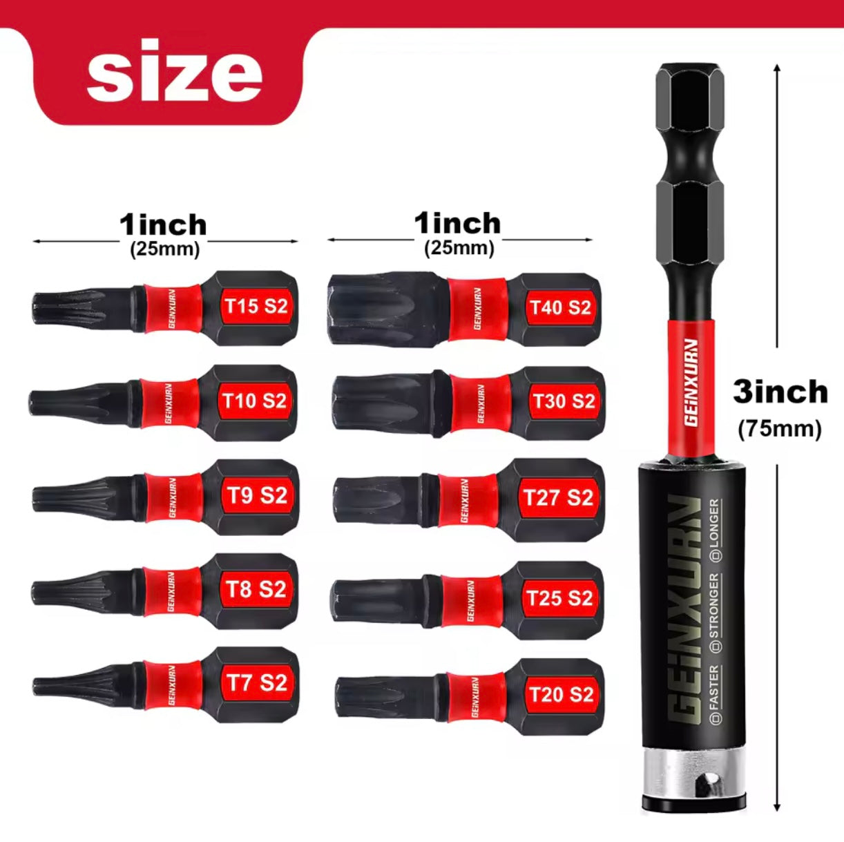 GEINXURN 21PC 1” Torx Impact Driver Bit Set w/ 3” Bit Holder Extension