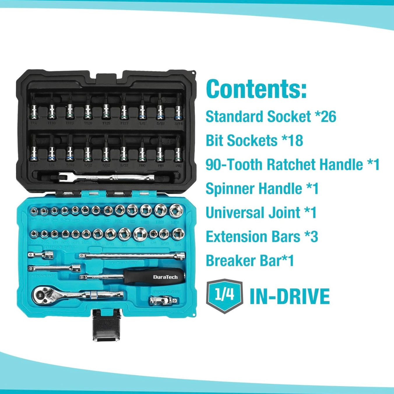 DURATECH 51PC 1/4" Drive SAE & Metric Socket Set, Bit Sockets, Ratchet, Universal Joint