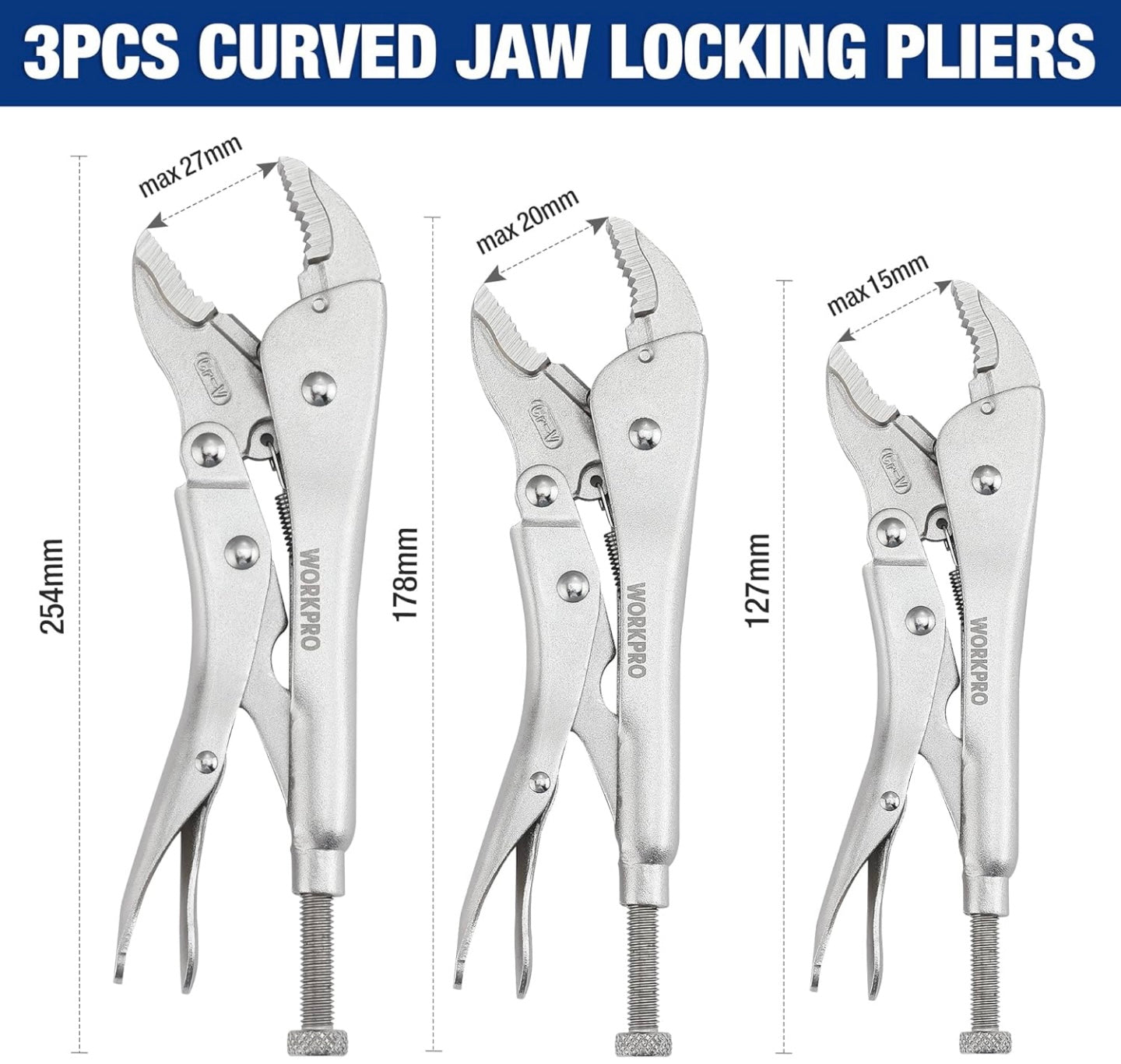 WORKPRO 5-Piece Locking Pliers Set, 5/7/10 inch Curved Jaw Pliers, 6.5/9 inch Long Nose Pliers