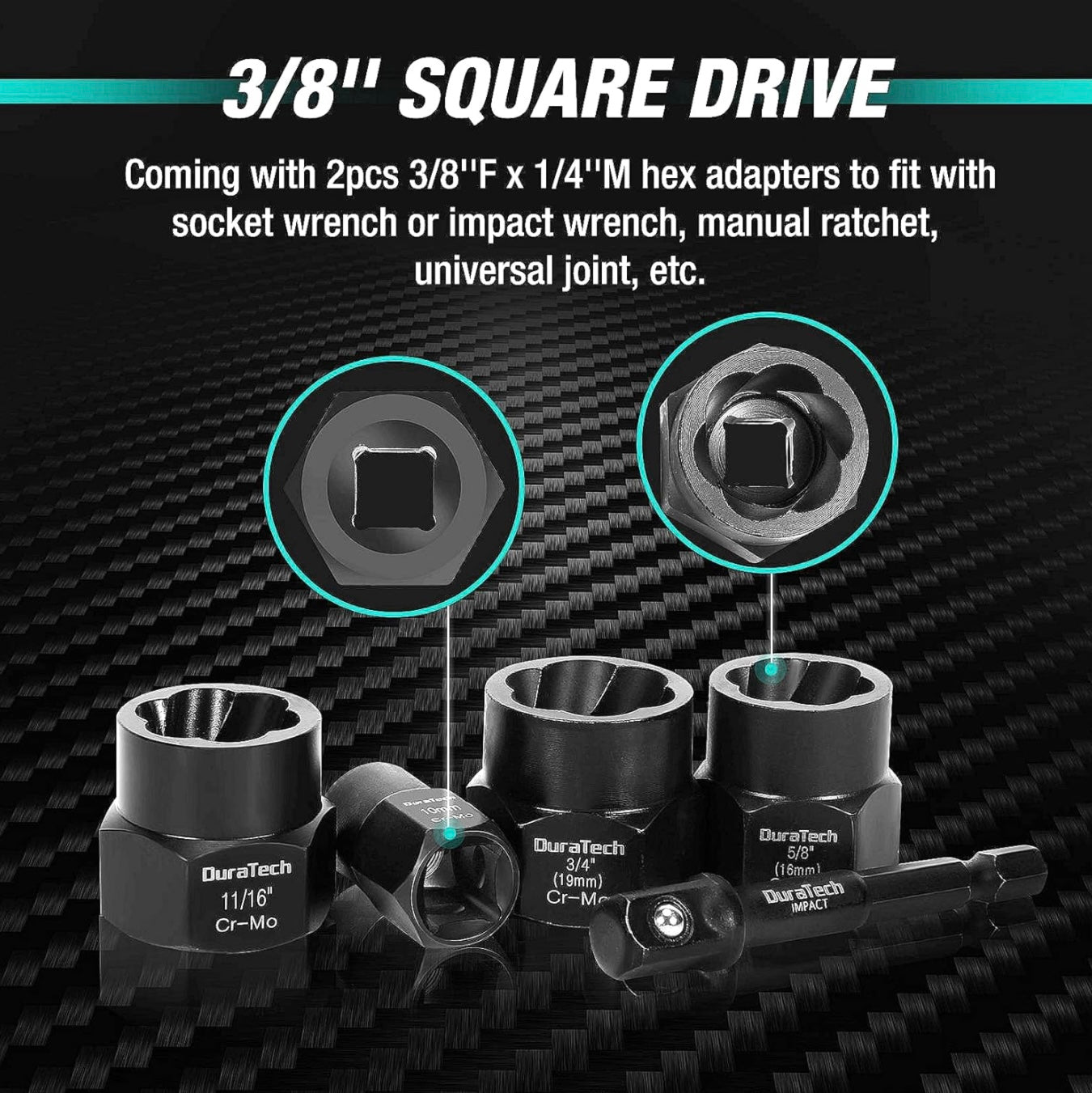 DURATECH 15PC 3/8” Drive Impact Bolt & Nut Remover Set w/ 2 Hex Adapters, Storage Box, SAE & Metric