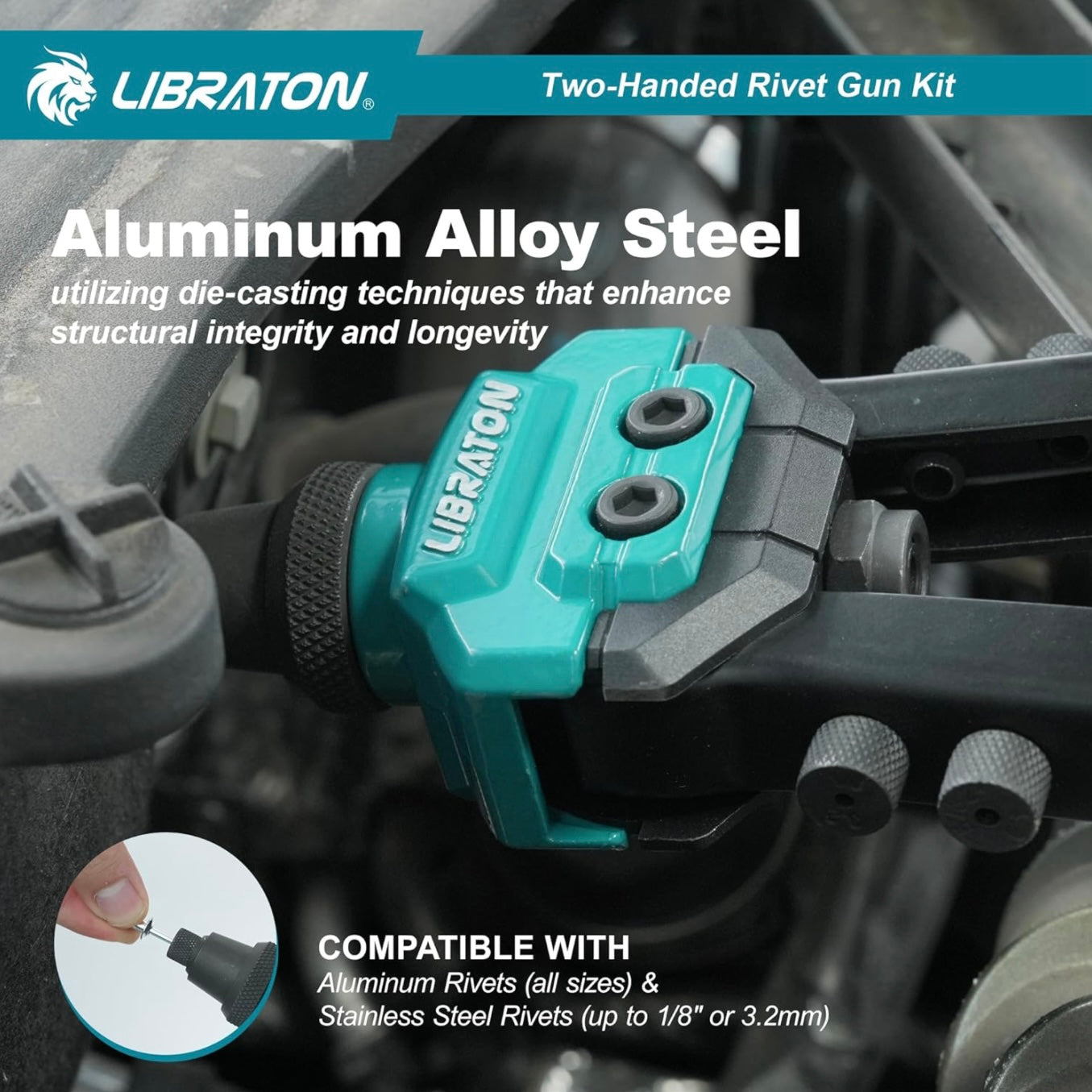 LIBRATON Heavy-Duty Two-Handed Pop Rivet Gun Kit w/ 250 Aluminum Rivets in Box, 5 Tool-Free Interchangeable Nozzles, 5 HSS Drill Bits