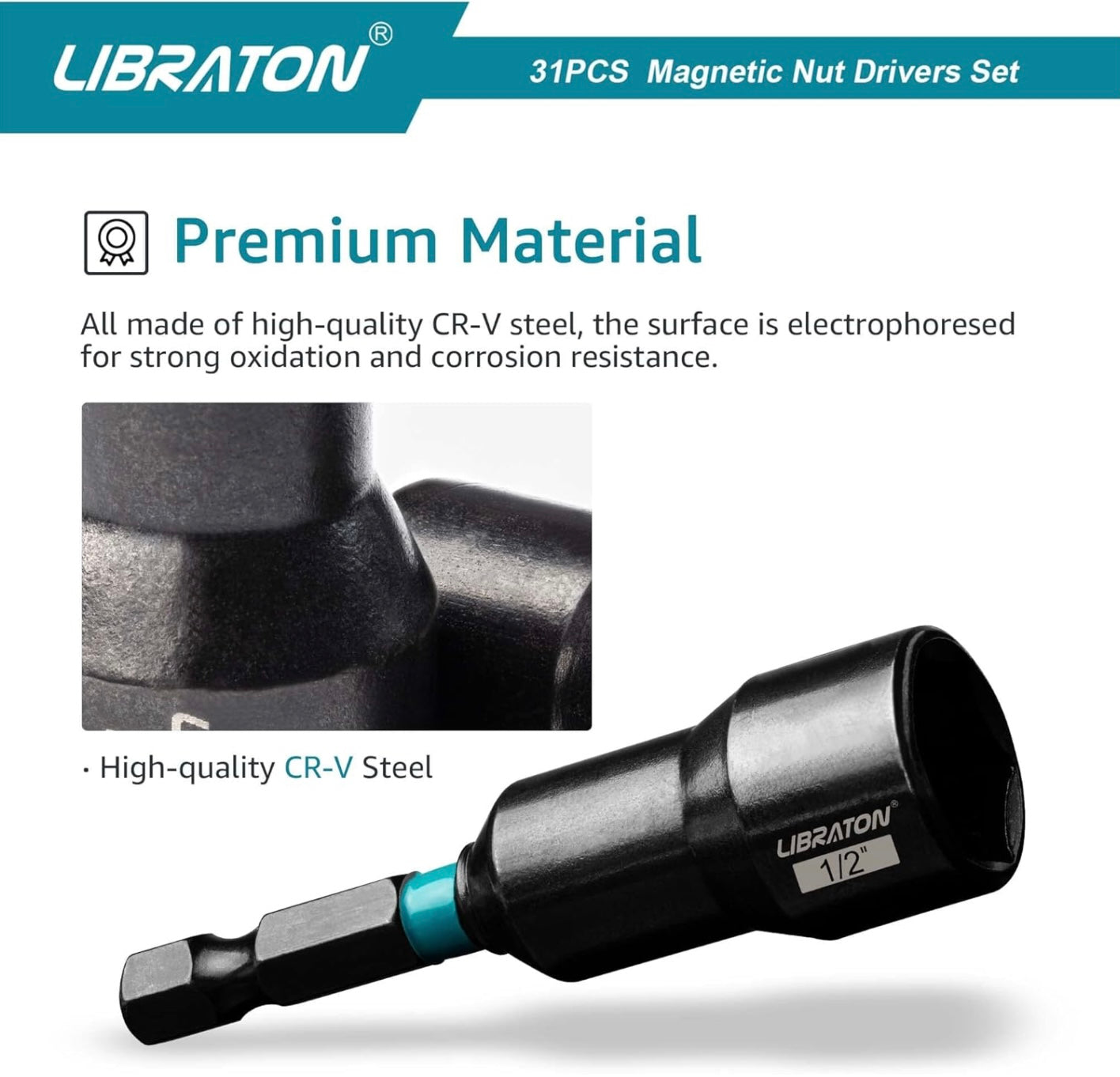 Libraton 31PCS Magnetic Nut Driver/ Impact Drill Driver Bit Set - Metric and SAE w/ Impact Socket Adapters, Bit Holder, Quick-release Extensions, Storage Bag