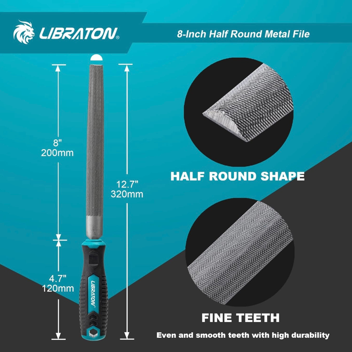 LIBRATON 8” Half Round Metal File w/ Ergonomic Handle