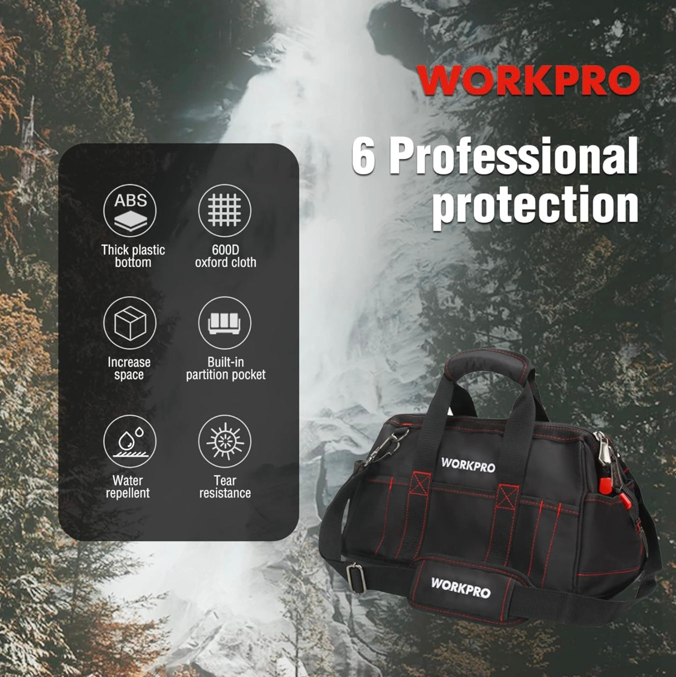 WORKPRO 16” Close Top Wide Mouth Tool Storage Bag w/ Water Proof Rubber Base