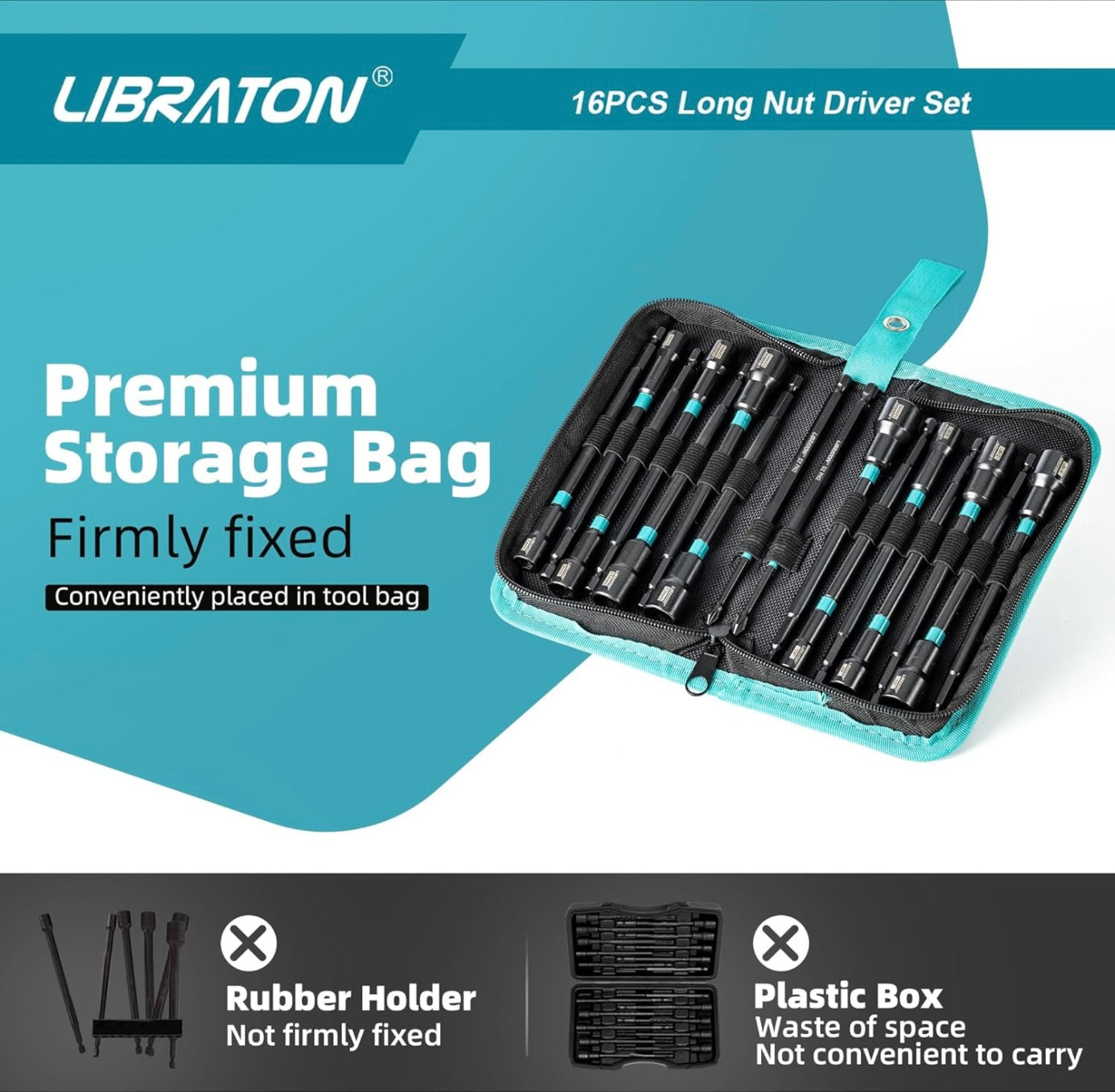 Libraton 16PCS Long Magnetic Nut Driver Set - Metric & SAE w/ Storage Bag + PH1, PH2 Bits