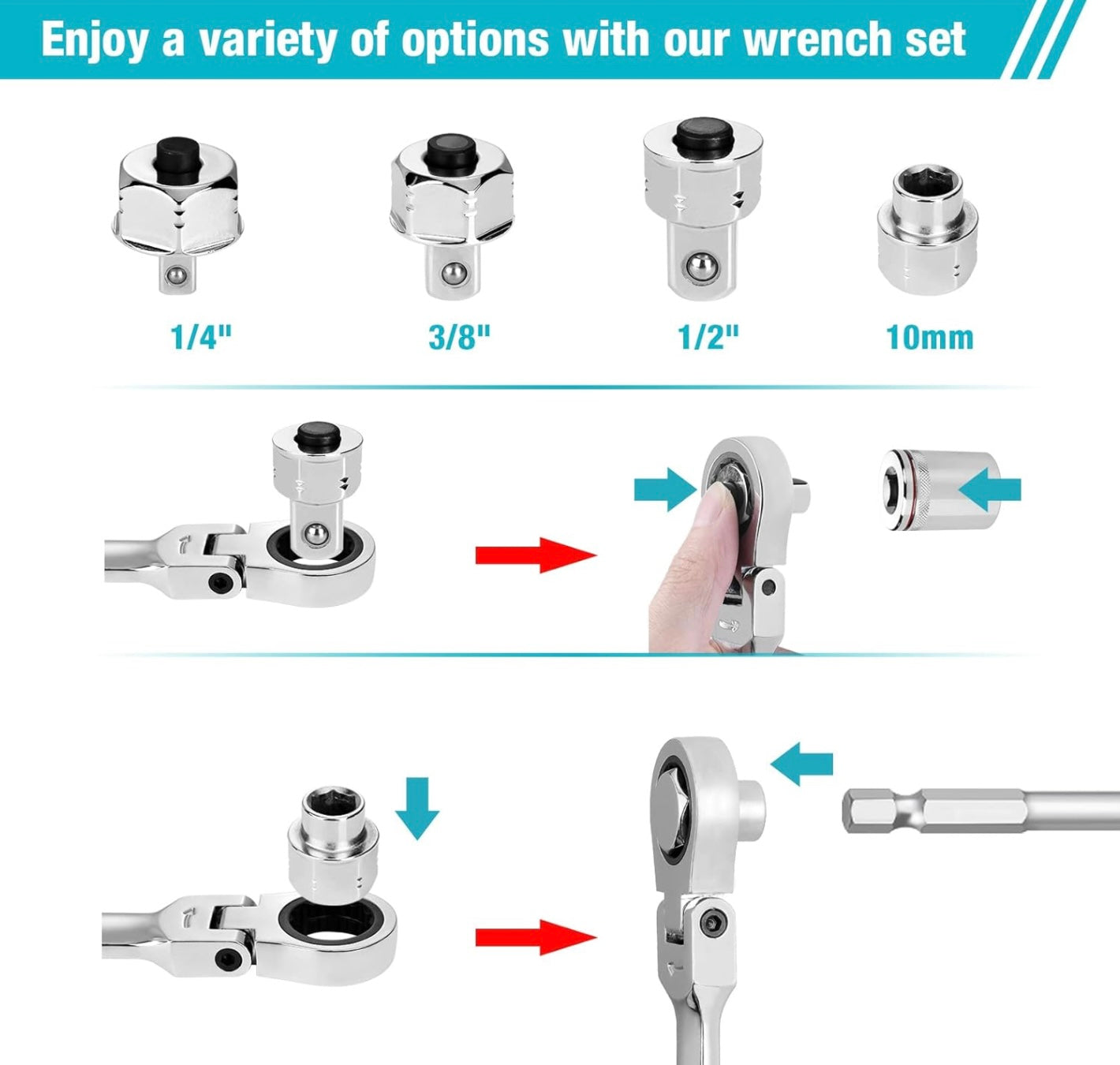 DURATECH 27PC Extra Long Flex Head Double Box End Ratcheting Wrench Set w/ Replacement Heads, Adapers