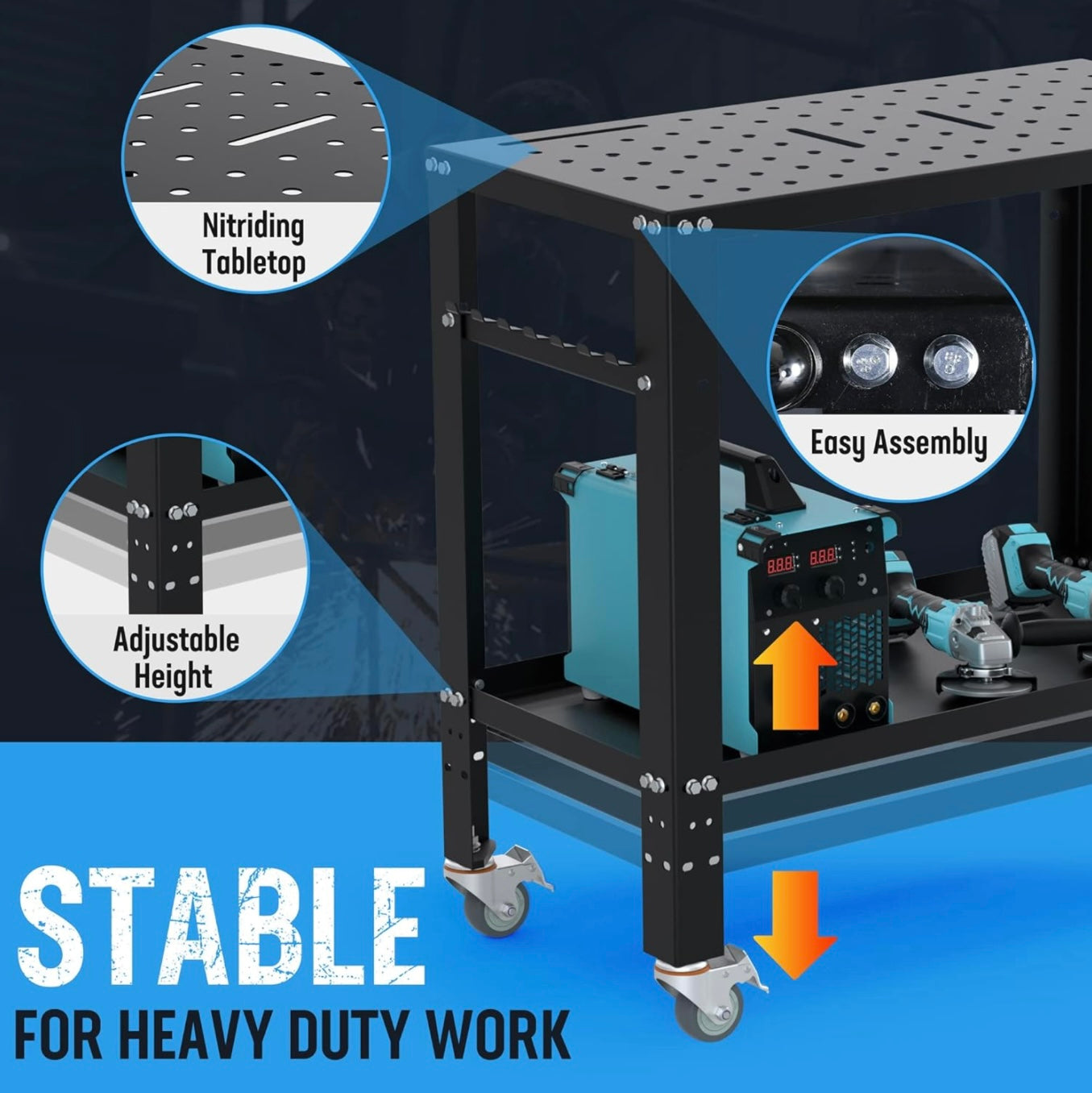 WORKPRO 36”×18” Welding Table w/ Nitriding Tabletop, 5/8" Holes on Top, Casters with Brakes, 1200lbs Load Capacity