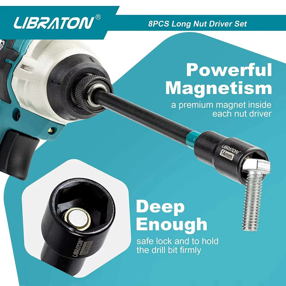 LIBRATON 8PC Long Magnetic Nut Driver Set - Metric