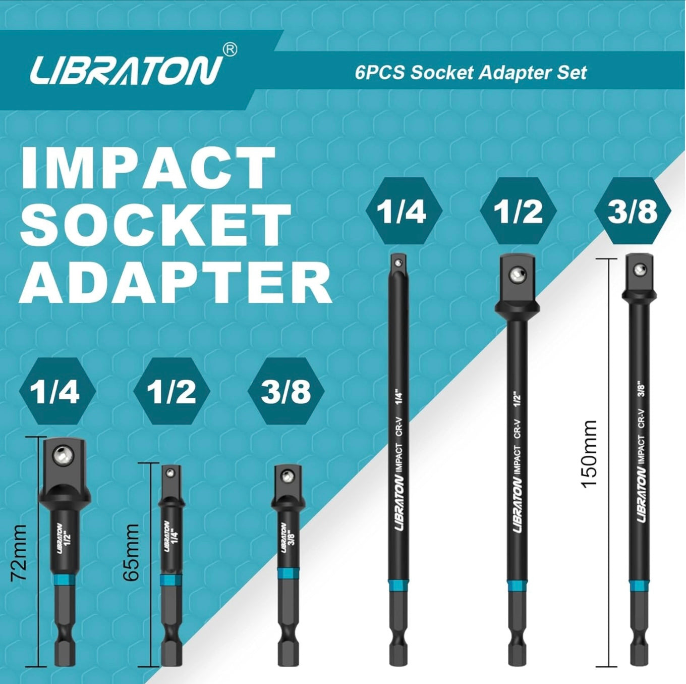 Libraton 6PC Impact Grade Socket Adapter Extension Set w/ Storage Bag - 1/4”, 3/8”, 1/2” (3” & 6”)