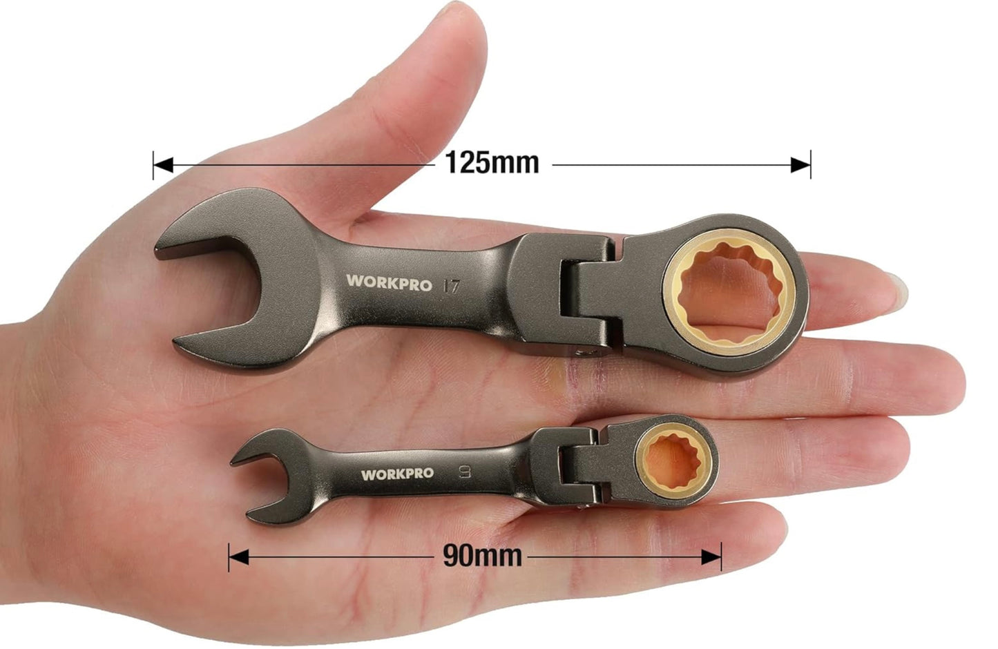 WORKPRO 8PC Flex Head Stubby Ratcheting Combination Wrench Set, Metric 9, 10, 11, 12, 13, 14, 15, 17 mm, w/ Rolling Pouch