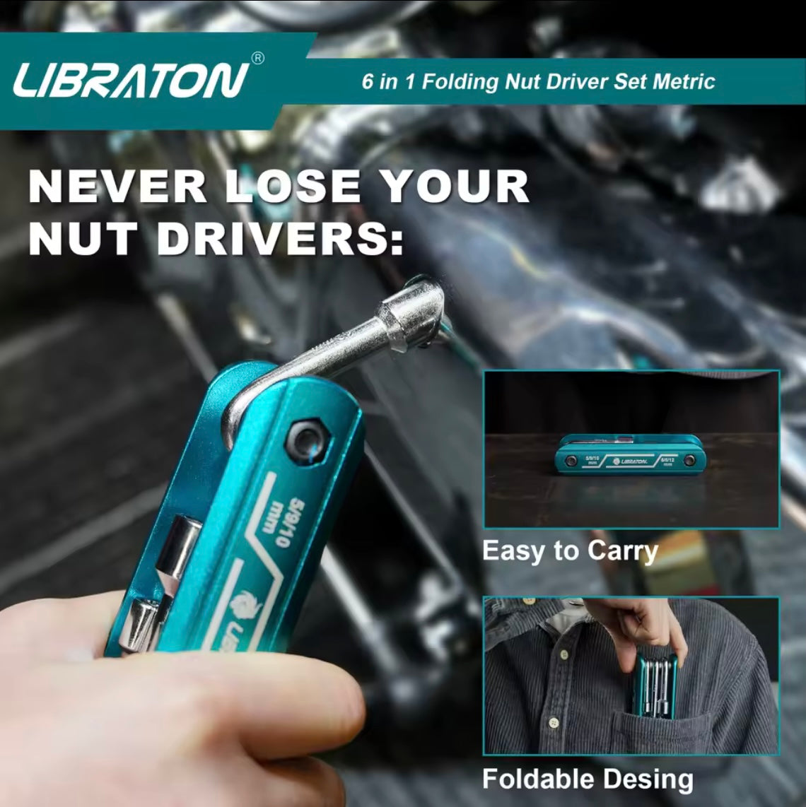 LIBRATON 6-IN-1 Folding Nut Driver Set - Metric