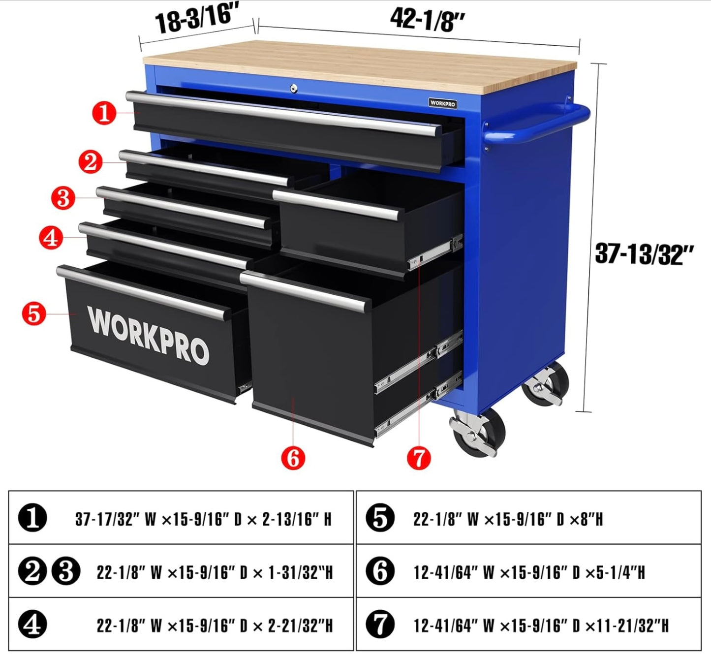 WORKPRO 42” 7-Drawers Rolling Tool Chest w/ Wooden Top, Casters, Handle, Drawer Liner, and Locking System, 1000 lbs Load Capacity
