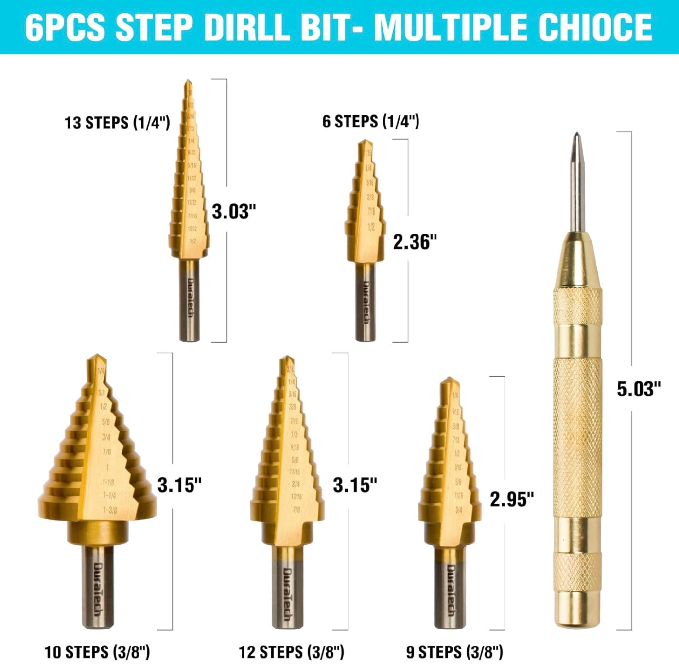 DURATECH 6-Piece Step Drill Bit Set with Automatic Center Punch, 50 Sizes in 5 High Speed Steel, Titanium Coated, Double Flute Cutting Blades Step Drill Bits for Metal, with Storage Case