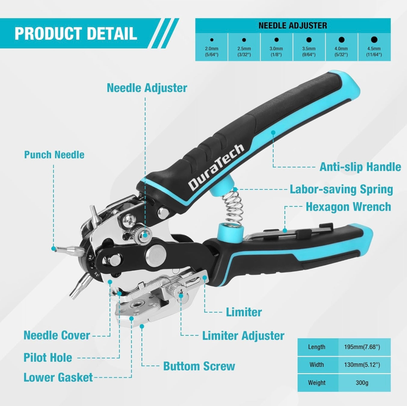 DURATECH Heavy-Duty Leather Hole Punch Pliers w/ 6 Solid Needles