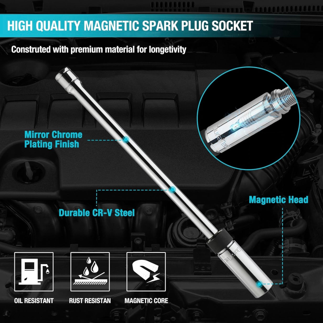 DURATECH 11” 5/8" Swivel Magnetic Spark Plug Socket, 3/8" Drive