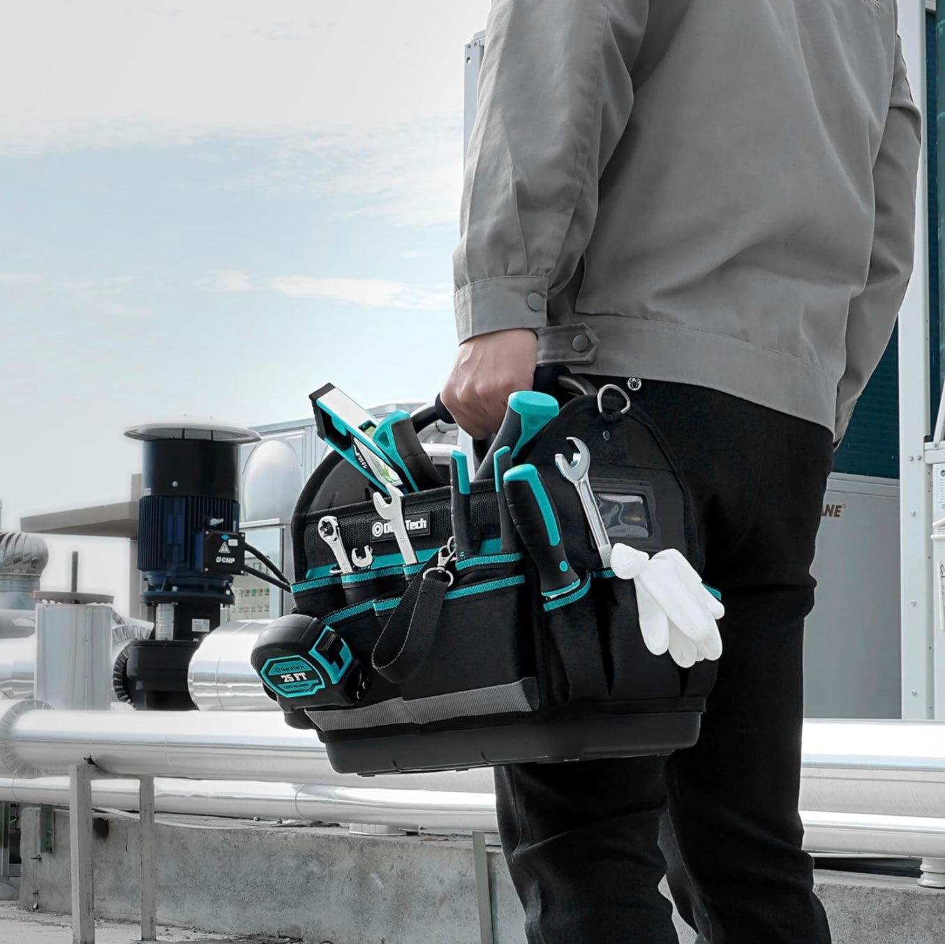 DURATECH 12” Multi-Pocket Open Top Tool Tote w/ Waterproof Hard Bottom, Rotating Handle