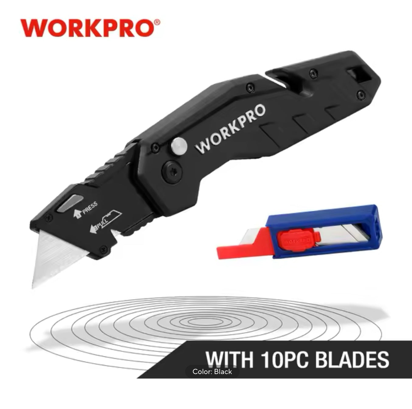 WORKPRO Folding Utility Knife, Quick Change Blade, Lightweight Nylon Handle w/ 10Pc Extra Blades