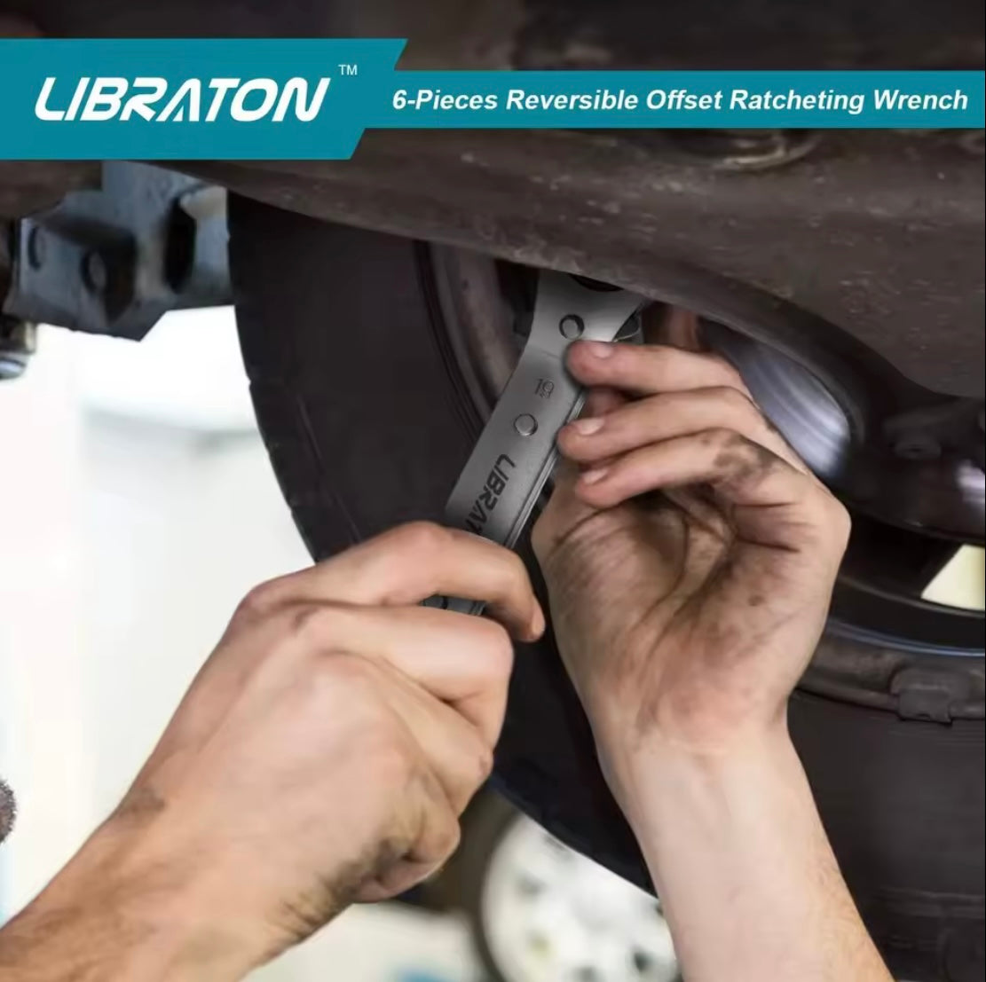 LIBRATON 6PC Reversible Offset Wrench Set - Metric w/ Storage Organizer Box