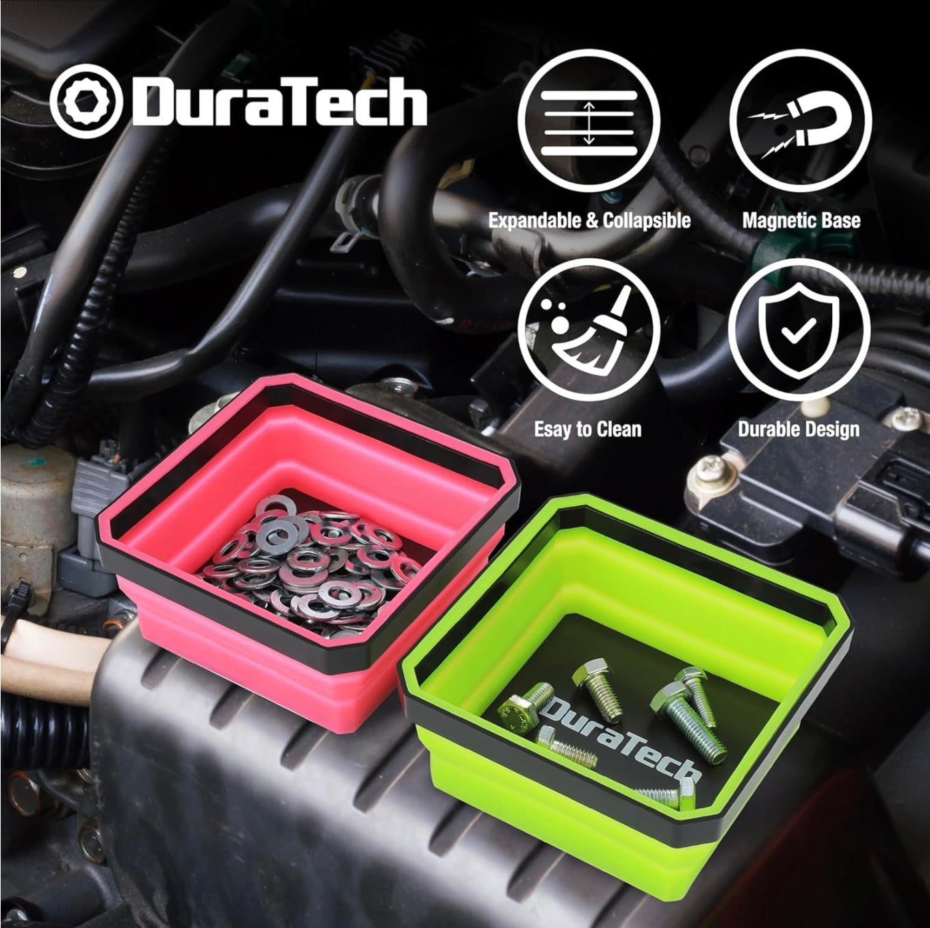 DURATECH 3PK Magnetic Silicone Foldable Parts Tray Set w/ Double-Sided Magnetic Base