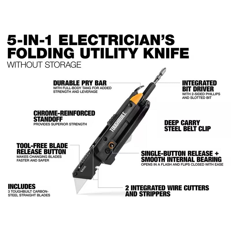 TOUGHBUILT Electricians Folding Utility Knife With Bit Driver + Pry Bar