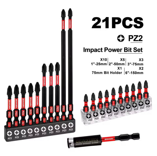 GEINXURN 21PC Impact Driver Bit Set - PZ2 w/ Bit Holder Extension, Organizer Sleeves