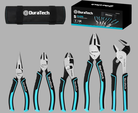 DURATECH 5PC Pliers Set, 6" Long Nose, 6” Slip Joint, 6” Diagonal Cutting, 8" Linesman, 8” Groove Joint Pliers w/ Oxford Rolling Pouch