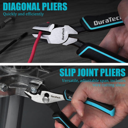 DURATECH 4PC Pliers Set w/ Rolling Pouch (10" Groove Joint Pliers, 8" Long Needle Nose, 6" Slip Joint, 6" Diagonal)