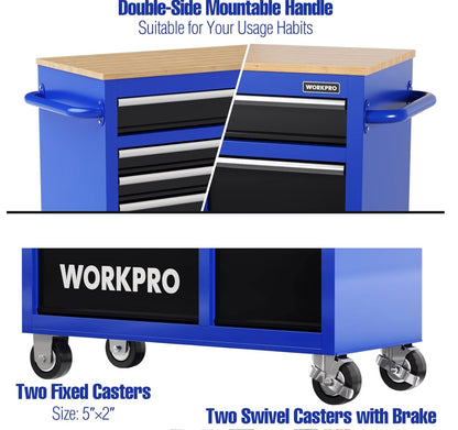 WORKPRO 42” 7-Drawers Rolling Tool Chest w/ Wooden Top, Casters, Handle, Drawer Liner, and Locking System, 1000 lbs Load Capacity