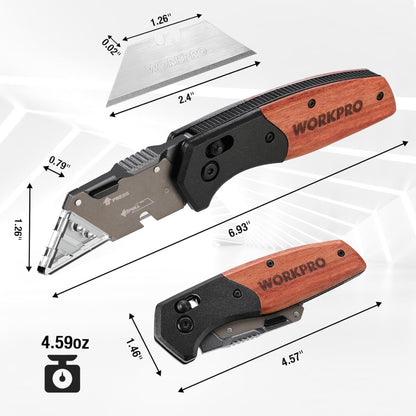 WORKPRO Folding Utility Knife w/ Wood Handle + Axis Lock