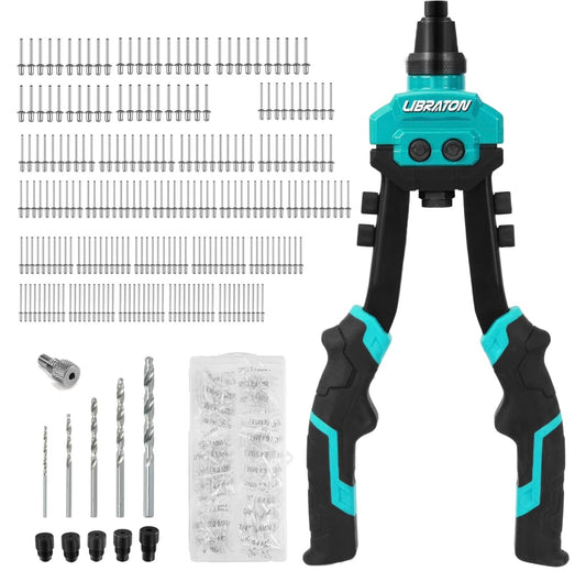 LIBRATON Heavy-Duty Two-Handed Pop Rivet Gun Kit w/ 250 Aluminum Rivets in Box, 5 Tool-Free Interchangeable Nozzles, 5 HSS Drill Bits