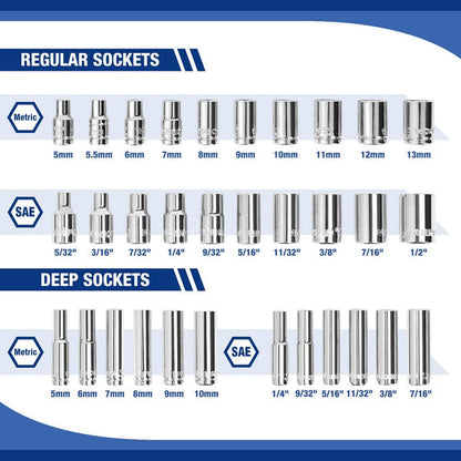 WORKPRO 70Pc Socket Set- 1/4” Metric & SAE