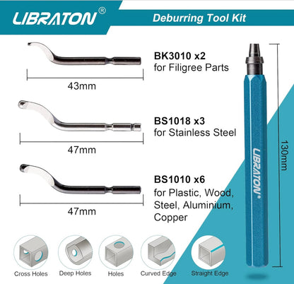 Libraton 12PC 360 Degree Rotary Head Deburring Tool w/ 11 High Speed Steel Blades