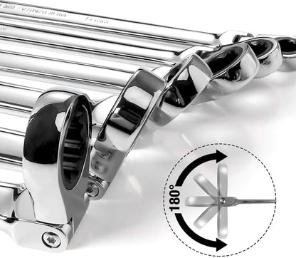 DURATECH 6PC Extra Long Flex-Head Double Box End Ratcheting Wrench Set, Metric 8-19 mm, w/ Roll-Up Pouch