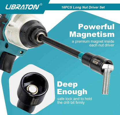 Libraton 16PCS Long Magnetic Nut Driver Set - Metric & SAE w/ Storage Bag + PH1, PH2 Bits