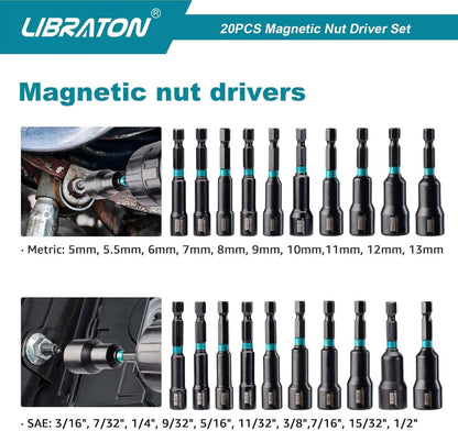 Libraton 20PC 1/4” Magnetic Nut Driver Set, Metric and SAE, w/ Storage Bag
