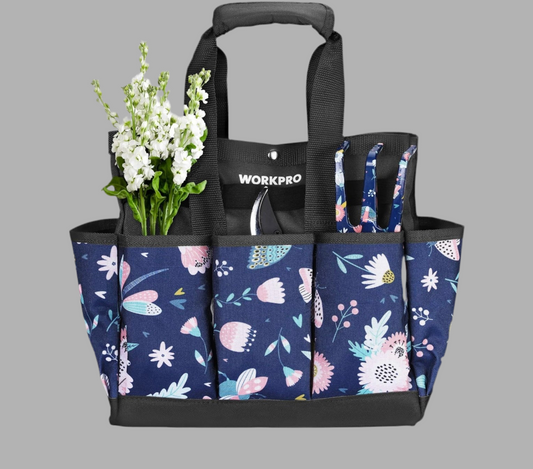 WORKPRO Garden Tool Bag, 9-Pocket Heavy Duty Oxford Tote Bag, Gardening Tool Kit Holder, 12" x 12" x 6" (Blue Insects)