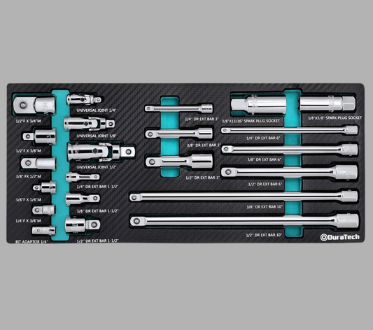 DURATECH 22PC Drive Tool Accessory Set w/ Extension Bars, Socket Adapters, Universal Joints, Spark Plug Sockets, EVA Foam Package