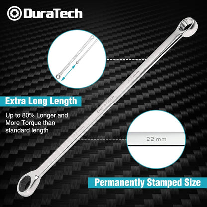 DURATECH 9PC Extra Long Double Box End Ratcheting Wrench Set, Metric, 8,10,12,13,14,16,17,19,22 mm, w/ EVA Foam Tool Organizer