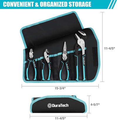 DURATECH 4PC Pliers Set w/ Rolling Pouch (10" Groove Joint Pliers, 8" Long Needle Nose, 6" Slip Joint, 6" Diagonal)